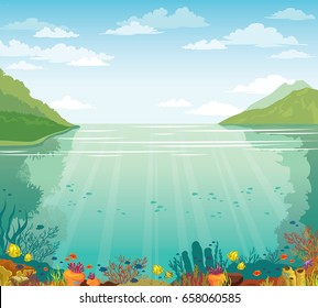 Green island, blue sea and marine wild life with school of fish. Cloudy blue sky above the underwater coral reef. Vector summer illustration. 