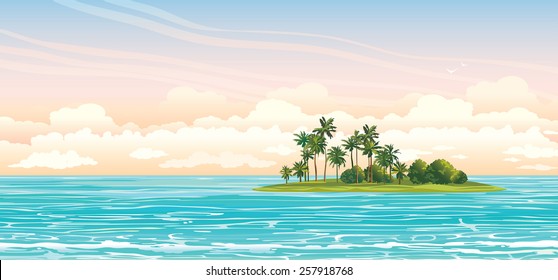 Isla verde con cocoteros en el mar azul sobre un cielo nublado. Ilustración vectorial del paisaje marino.