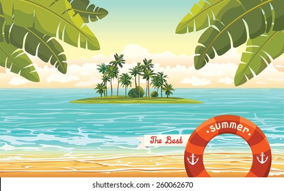 Green island with coconut palms in the blue sea on a cloudy sky. Vector summer holiday.