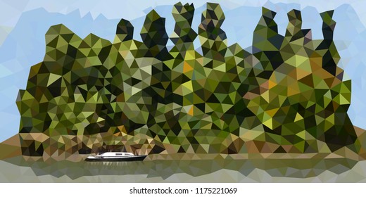 Green island with a lonely boat in a polygonal style. Vector illustration.
