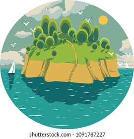 a green island in the middle of the ocean, with yachts, gulls and clouds on a sunny day