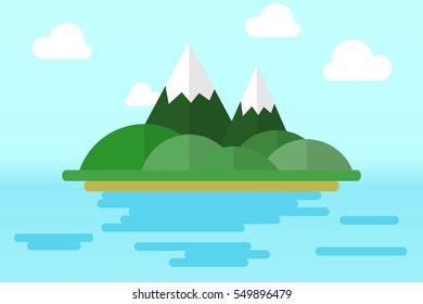 Green island with mountains in the ocean. Flat design.