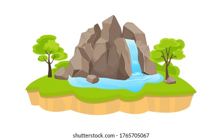 Green island with waterfall. Large rock blue waterfall striking down green lawn small grove tropical trees on platform fragments stones around spilling water. Scenic flat vector