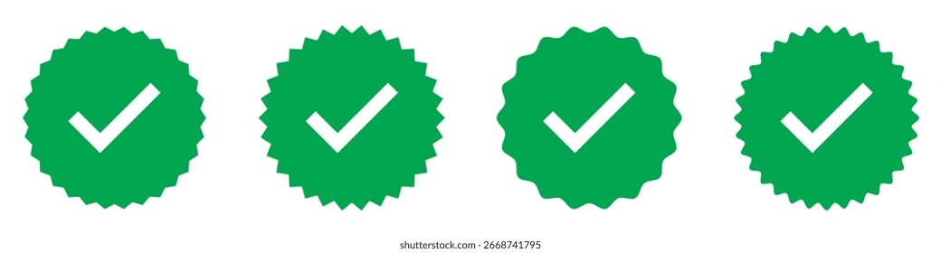 Conjunto de marca de verificación aislada verde de 4 sobre fondo blanco. Marca de garrapata verde Starburst sobre fondo blanco. Icono de marca de verificación de Vector. Conjunto moderno de marcas de garrapatas. Conjunto de iconos válidos aislados. EPS 10.