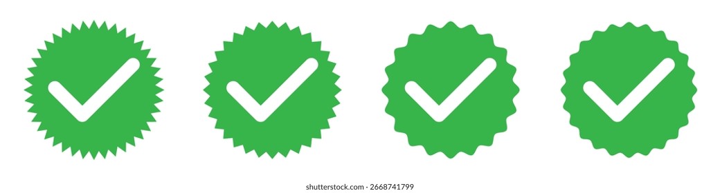 Grün, einzeln, mit einem Häkchen von 4 auf weißem Hintergrund. Grüne Markierung mit Sternzeichen auf weißem Hintergrund. Symbol für Vektorkontrollzeichen. Modernes Häkchen-Set. Gültiger Symbolsatz isoliert. EPS 10.