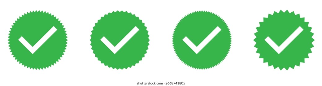 Marca de verificação isolada verde definida como 4 no plano de fundo branco. Marca de escala verde Starburst no fundo branco. Ícone de marca de seleção de vetor. Marca de escala moderna definida. Conjunto de ícones válido isolado. EPS 10.