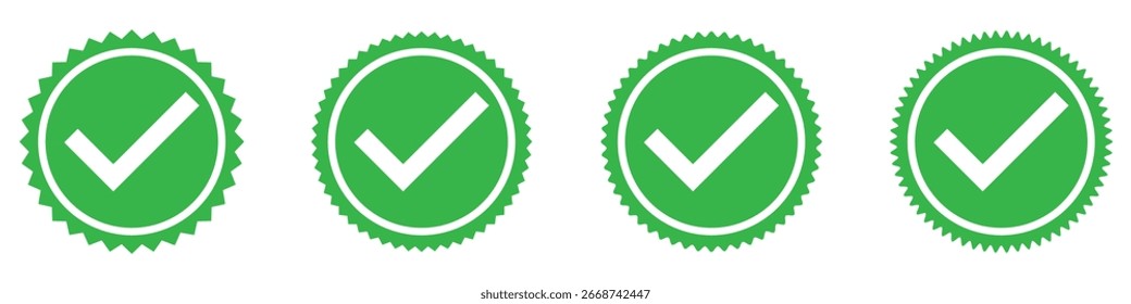 Marca de verificação isolada verde definida como 4 no plano de fundo branco. Marca de escala verde Starburst no fundo branco. Ícone de marca de seleção de vetor. Marca de escala moderna definida. Conjunto de ícones de tique digital. EPS 10.