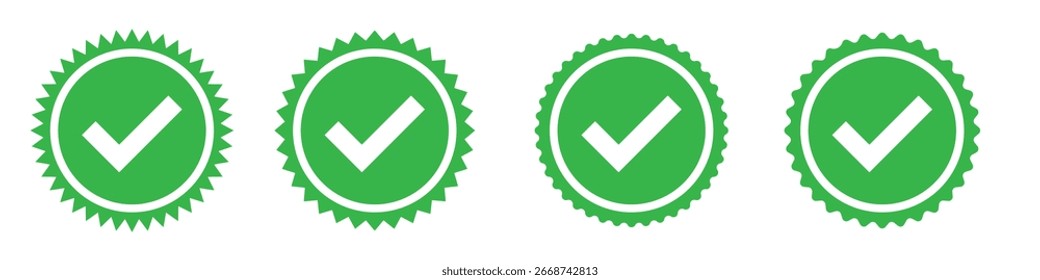 Marca de verificação isolada verde definida como 4 no plano de fundo branco. Marca de escala verde Starburst no fundo branco. Ícone de marca de seleção de vetor. Marca de escala moderna definida. Conjunto de ícones válido isolado. Ícone de aceitação de vetor .