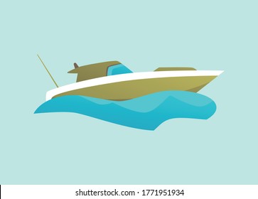 Green isolated motorboat riding blue water wave - side view of modern speed boat with cabin. Cruiser, pilothouse or cuddy type speedboat - flat vector illustration.