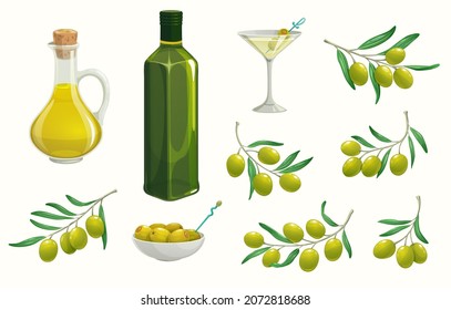 Green isolated olives and oilbottle. Greek, italian olives branch and jug. Vector ripe fruits and extra virgin product. Mediterranean cuisine, stuffed olives in bowl, natural organic food