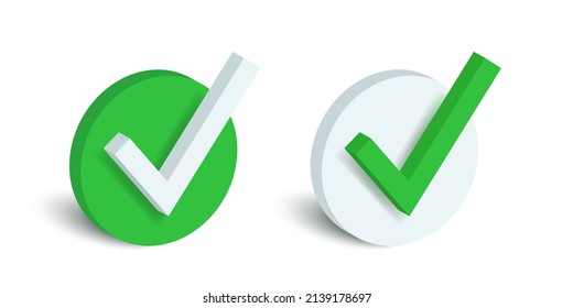 Green Isometric Check Mark. Vector 3d Check Mark Isolated On White Background.