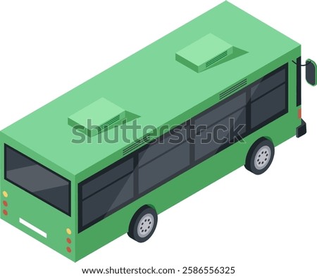 Green isometric city bus driving along a white background, representing public transportation while carrying passengers through an urban environment, highlighting modern travel solutions