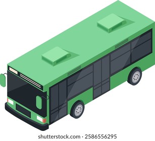 Green isometric city bus waiting at the bus stop, public transportation concept, modern urban vehicle carrying people to their destination, ecological and sustainable mobility solution