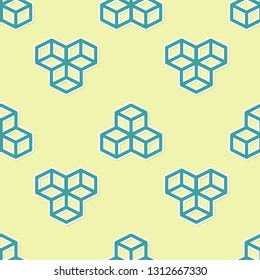 Green Isometric cube icon isolated seamless pattern on yellow background. Geometric cubes solid icon. 3D square sign. Box symbol. Flat design. Vector Illustration