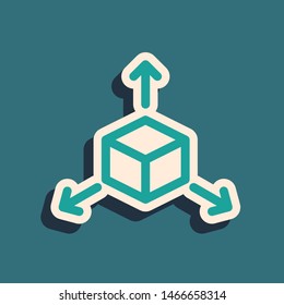 Green Isometric cube icon isolated on blue background. Geometric cubes solid icon. 3D square sign. Box symbol. Long shadow style. Vector Illustration