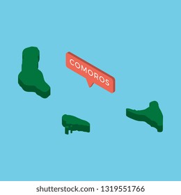 green isometric map of comoros country with pointer on blue background. realistic 3d vector concept map easy to edit and customize. eps 10