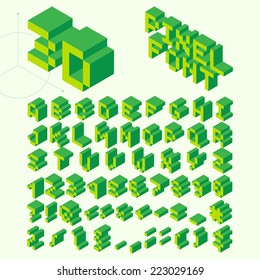 Green Isometric Pixel Font, Vector Letters, Alphabet