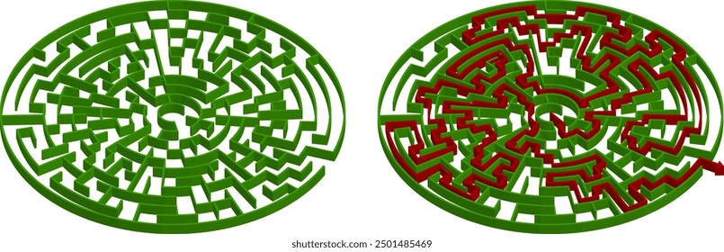 Laberinto de jardín simple isométrico verde. Laberinto redondo 3D en perspectiva que se encuentra sobre el fondo blanco. Ilustración vectorial. Dificultad ligera. Logotipo o icono de concepto geométrico moderno.