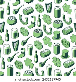 Green isometric St Patrick's Day seamless pattern on transparent background