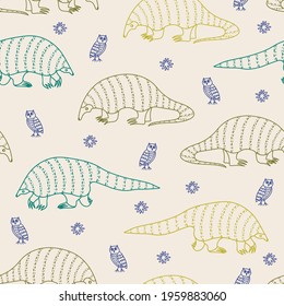 Green ivory desert animals vector seamless pattern with armadillos (pangolins) and owls. Perfect for fabric, wallpaper, gift wrapping, kids clothing. 
