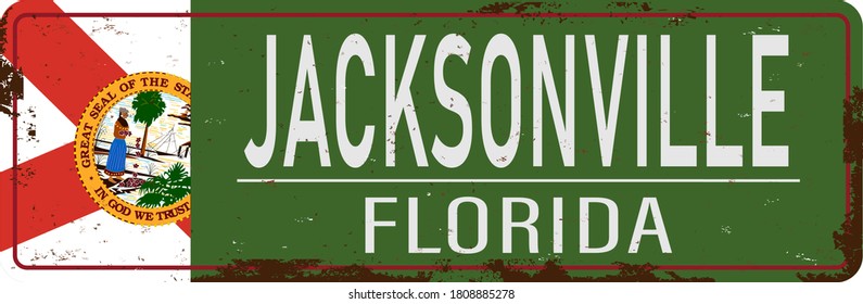 green Jacksonville florida flag vintage rusty metal sign on a white background, vector illustration