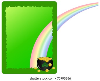 Green jagged frame with a pot of gold coins and a rainbow