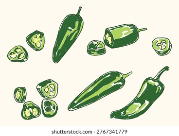 Green jalapeno set featuring fresh chili pepper composition. Perfect for Mexican cuisine, spicy food concepts, restaurant menus, packaging, and culinary design and food branding projects.