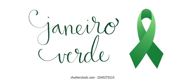 Green January in portuguese Janeiro Verde, Brazil campaign for cervical cancer awareness. Vector illustration with handwritten calligraphy lettering template