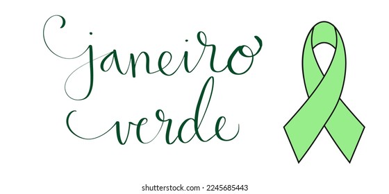 Green January in portuguese Janeiro Verde, Brazil campaign for cervical cancer awareness. Vector illustration with handwritten calligraphy lettering template