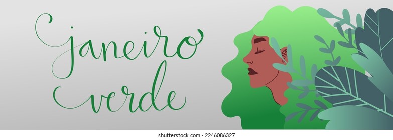 Green January in portuguese Janeiro Verde, Brazil campaign for cervical cancer awareness. Vector illustration with adult latina woman portrait and handwritten calligraphy lettering art