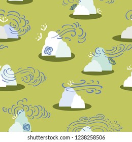 Green Japan inspired pattern with mountain and cloud. Surface pattern design.