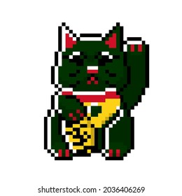 Green, Japanese Lucky Cat Maneki Neko Beckoning Good Luck Figurine Bobtail 8bit Pixel Art