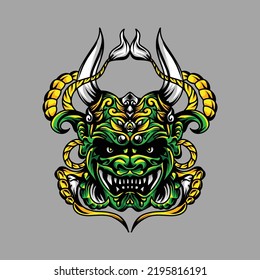 green japanese samurai head illustration. barong head illustration for cool t-shirt design