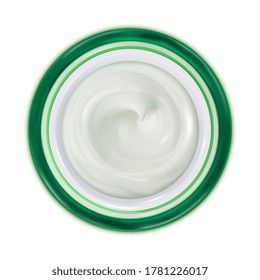 Green jar with white cosmetic cream. Top view. Make up products isolated on a white background. Vector 3d realistic illustration.