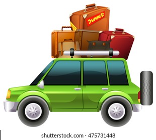 Green jeep loaded with luggages illustration