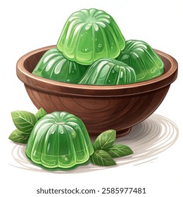 Green jellies in brown bowl isolated on a  white background. Vector illustration.