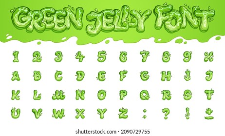 Fuente de gelatina verde. Conjunto de vectores de las divertidas letras y números buenos. Dibujo manual del alfabeto inglés. Letrería líquida resbaladiza con gotas y salpicaduras