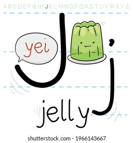 Green jelly, shaking during the English alphabet learning, playing with the letters 'J' and practicing its pronunciation.