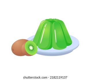 Green jelly sweet dessert on plate with kiwi fruit cartoon vector illustration