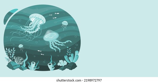 Green Jellyfish dancing in the dark blue ocean water. Jellyfish floating in the sea. I feel healing just by looking. vector illustration