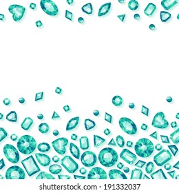 Green Jewels Seamless Horizontal Background. Scattered Emeralds.