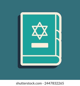 Green Jewish torah book icon isolated on green background. On the cover of the Bible is the image of the Star of David. Long shadow style. Vector Illustration