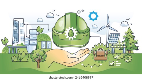 Green jobs and nature friendly industry development outline hands concept. Sustainable and environmental occupation in renewable energy sector vector illustration. Work with clean power generation.