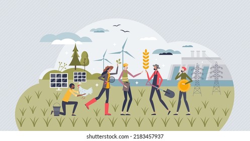 Green jobs and workers with nature sustainable approach tiny person concept. Environmental and renewable farming or ecological agriculture using CO2 neutral electricity and power vector illustration