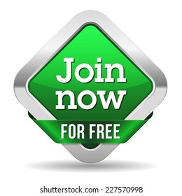 Green join now button with ribbon and metallic border on white background