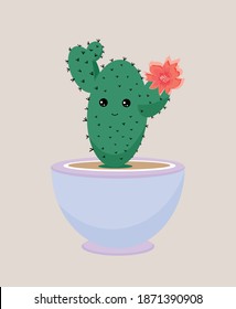 Green joyful cute cactus with flower in a pot
