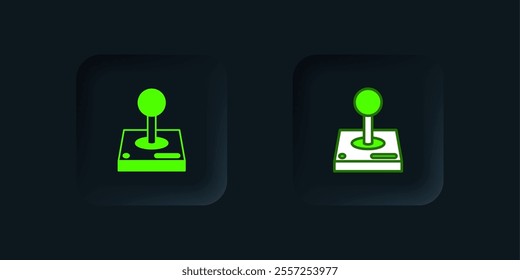 Green Joystick for arcade machine icon isolated on black background. Joystick gamepad. Black square button. Vector