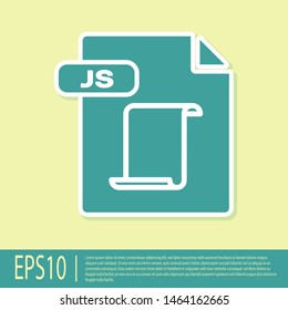 Green JS file document. Download js button icon isolated on yellow background. JS file symbol.  Vector Illustration