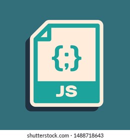 Green JS file document. Download js button icon isolated on blue background. JS file symbol. Long shadow style. Vector Illustration