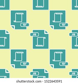 Green JS file document. Download js button icon isolated seamless pattern on yellow background. JS file symbol.  Vector Illustration